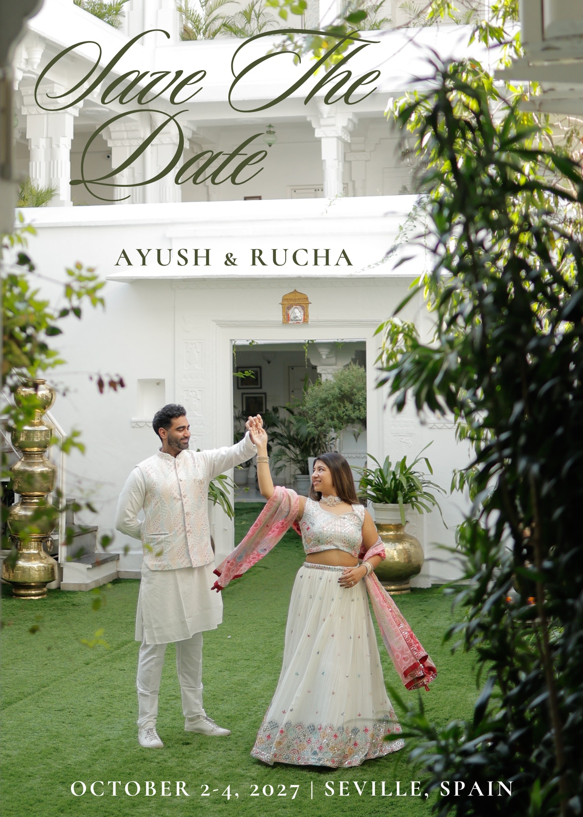 Save The Date. Ayush and Rucha. October 2–4, 2027, Seville, Spain.